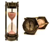 Hexagonal brass sand timer hourglass with compass